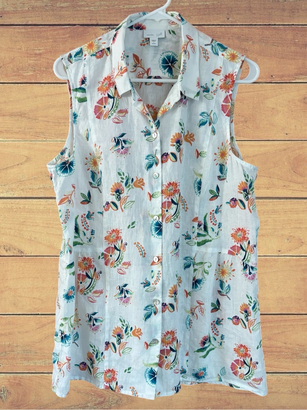 J. Jill Love Linen White Floral
Button Front Tunic Top Sleeveless Size L